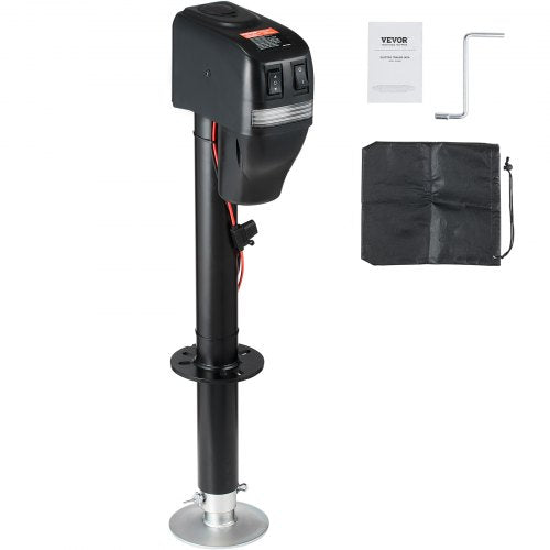 Bostome electric trailer jack with 4000 lbs capacity, adjustable from 9.84 to 33.85 inches, shown with manual crank, cover, and instructions.