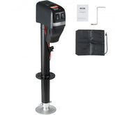 Bostome electric trailer jack with 4000 lbs capacity, adjustable from 9.84 to 33.85 inches, shown with manual crank, cover, and instructions.