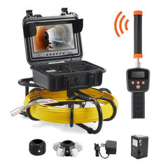 Black case with 9-inch DVR monitor, 165ft yellow cable, 512Hz locator, and sewer camera head.