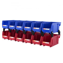 Twelve stackable plastic storage bins in blue and red for versatile organization.