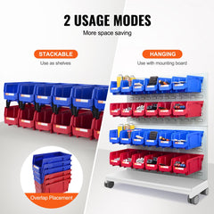 Twelve stackable plastic storage bins in blue and red, designed for versatile organization.