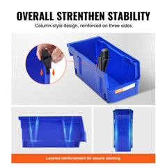Twelve stackable plastic storage bins in blue and red, designed for versatile organization.