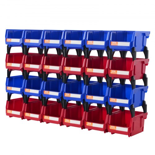 Stack of 24 stackable blue and red plastic storage bins, each 5x4x3 inches.