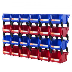 Stack of 24 stackable blue and red plastic storage bins, each 5x4x3 inches.