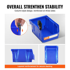 Blue stackable plastic storage bins with column-style design reinforced on three sides for stability and secure stacking.
