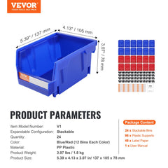 Blue and red stackable plastic storage bins, 24-pack, 5x4x3 inches, with label holders.