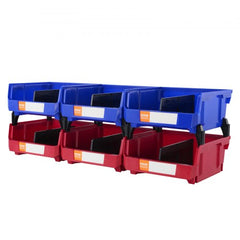Set of six stackable plastic storage bins in blue and red, featuring dividers for organization.