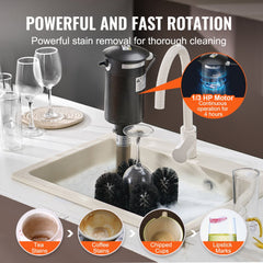 Electric glass washer with five brushes for efficient cleaning of wine glasses.