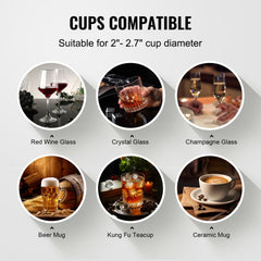 Diagram showing Bostome electric glass washer compatibility with 2-2.7 inch diameter cups including wine, crystal, champagne glasses, beer mug, kung fu teacup, and ceramic mug.