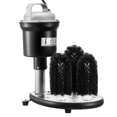 Electric glass washer with 5 black brushes on a silver base for cleaning wine glasses.