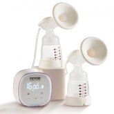 Double electric breast pump with two bottles, soft flanges, and digital control display.