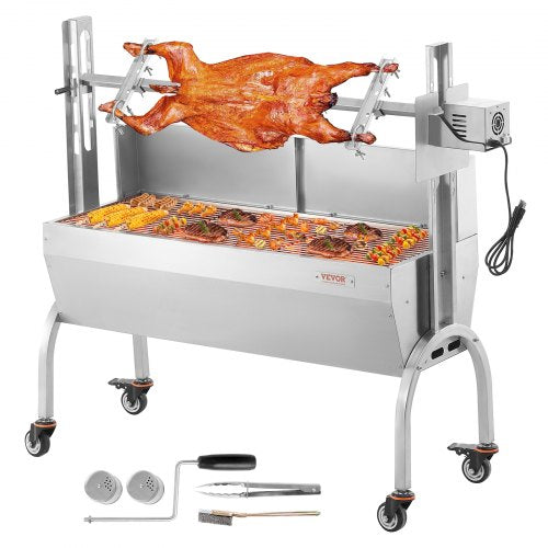 Stainless steel rotisserie grill with a 198lbs capacity for cooking pig, lamb, or chicken.