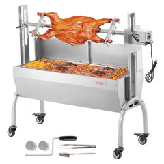 Stainless steel rotisserie grill with a 198lbs capacity for cooking pig, lamb, or chicken.