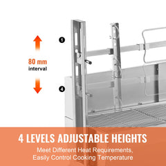 Stainless steel rotisserie grill with adjustable height, 198lbs capacity, and lockable wheels.