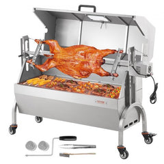 Stainless steel rotisserie grill with 198lbs capacity for roasting pig, lamb, or chicken.