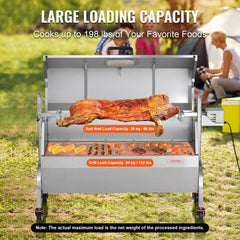 Stainless steel rotisserie grill with a 198lbs capacity for roasting pig, lamb, or chicken.