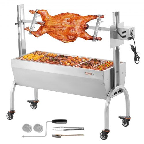 Stainless steel rotisserie BBQ grill with 52W motor, roasting a whole pig over a warming tray.