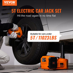 Electric hydraulic car jack with impact wrench and tire inflator, lifting up to 5 tons.