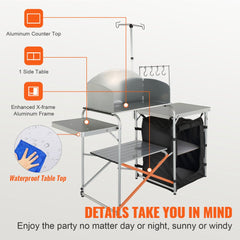 Bostome folding camping kitchen table with aluminum frame, storage compartments, and side table.