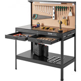 Heavy duty steel workbench with LED light, power outlets, and ample storage for tools.