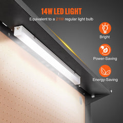 Heavy duty steel workbench with LED light, power outlets, and organized storage features.