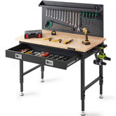 Adjustable height workbench with oak top, carbon steel frame, and integrated LED light.