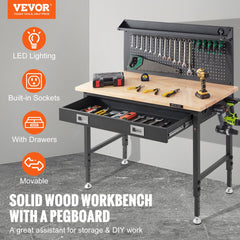 Adjustable height workbench with oak top, carbon steel frame, and integrated LED light.
