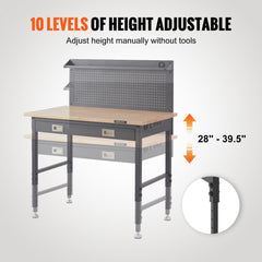 Adjustable height workbench with oak top, carbon steel frame, and integrated LED light.