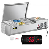Silver 40-inch stainless steel refrigerated condiment prep station with open lid, five food pans, and digital temperature display.