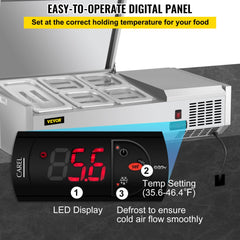 40-inch stainless steel refrigerated condiment prep station with digital temperature display showing 85.6°F and defrost controls.
