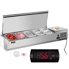 55-inch stainless steel refrigerated condiment prep station with open lid, six food pans holding strawberries and pink substance, and digital temperature display.