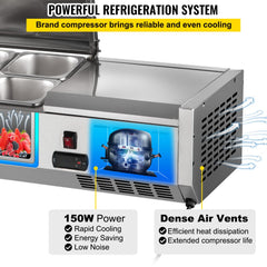 55-inch stainless steel refrigerated condiment prep station with open top and cooling system diagram.