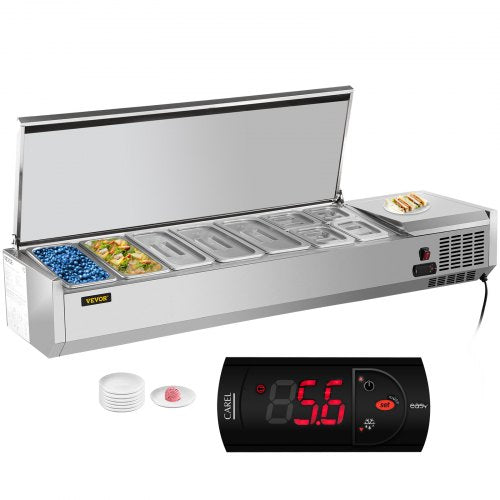 71-inch stainless steel refrigerated condiment prep station with open lid, food pans, and digital display.