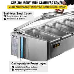 71-inch refrigerated condiment prep station with 304 stainless steel body and hinged cover.