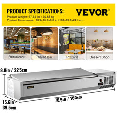 71-inch refrigerated condiment prep station with stainless steel body and dimensions.