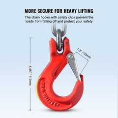 Red G80 grab hook with 5/16-inch chain and safety clip on blue background.