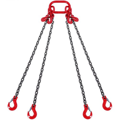 Red 3/8-inch x 10-foot G80 4-leg chain sling with grab hooks.