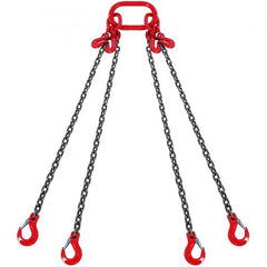 Red 3/8-inch x 10-foot G80 4-leg chain sling with grab hooks.