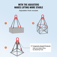 Diagram of 3/8" x 10 ft G80 4-leg chain sling showing adjusters, grab hooks, and stable lifting for irregular loads.