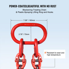 Red 3/8-inch G80 4-leg chain sling, 10 feet long with grab hooks, showing dimensions of 7.09 by 2.76 inches.