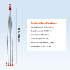 4-leg G80 chain sling, 3/8 inch by 10 feet, with grab hooks, 18400 lbs capacity.