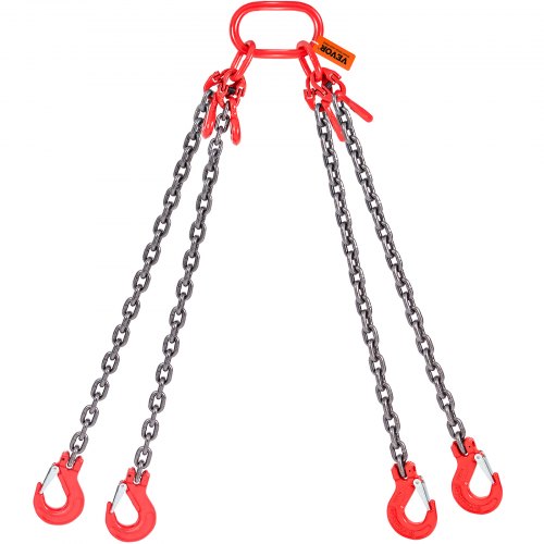 G80 lifting chain sling with red grab hooks, 5/16-inch diameter, 5 feet long.