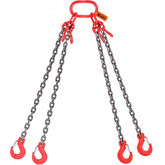 G80 lifting chain sling with red grab hooks, 5/16-inch diameter, 5 feet long.