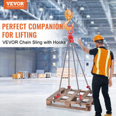 Worker lifting pallet with VEVOR G80 chain sling featuring orange hooks in warehouse.