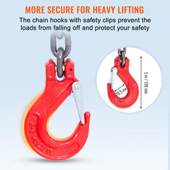 Red G80 lifting chain sling, 5/16 inch diameter, 5 feet long, with grab hooks and safety clips.