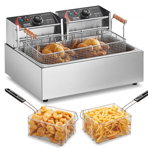 Stainless steel commercial electric deep fryer with dual baskets and fried chicken.