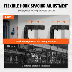 Wall-mounted bike storage rack with 48-inch rail, 6 adjustable hooks, and helmet pegs for up to 300 lbs.
