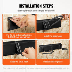 Four-panel diagram showing steps to install a wall-mounted bike storage rack with rail and hooks.