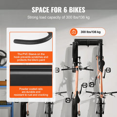 Bostome 6-bike wall mount storage rack with adjustable hooks and durable steel construction.