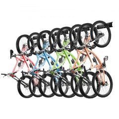 Wall-mounted bike storage rack holding eight bikes in various colors vertically.